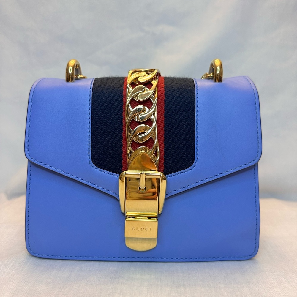 Gucci Silvie Blue Mini Bag with Gold Chain Accent Authentic